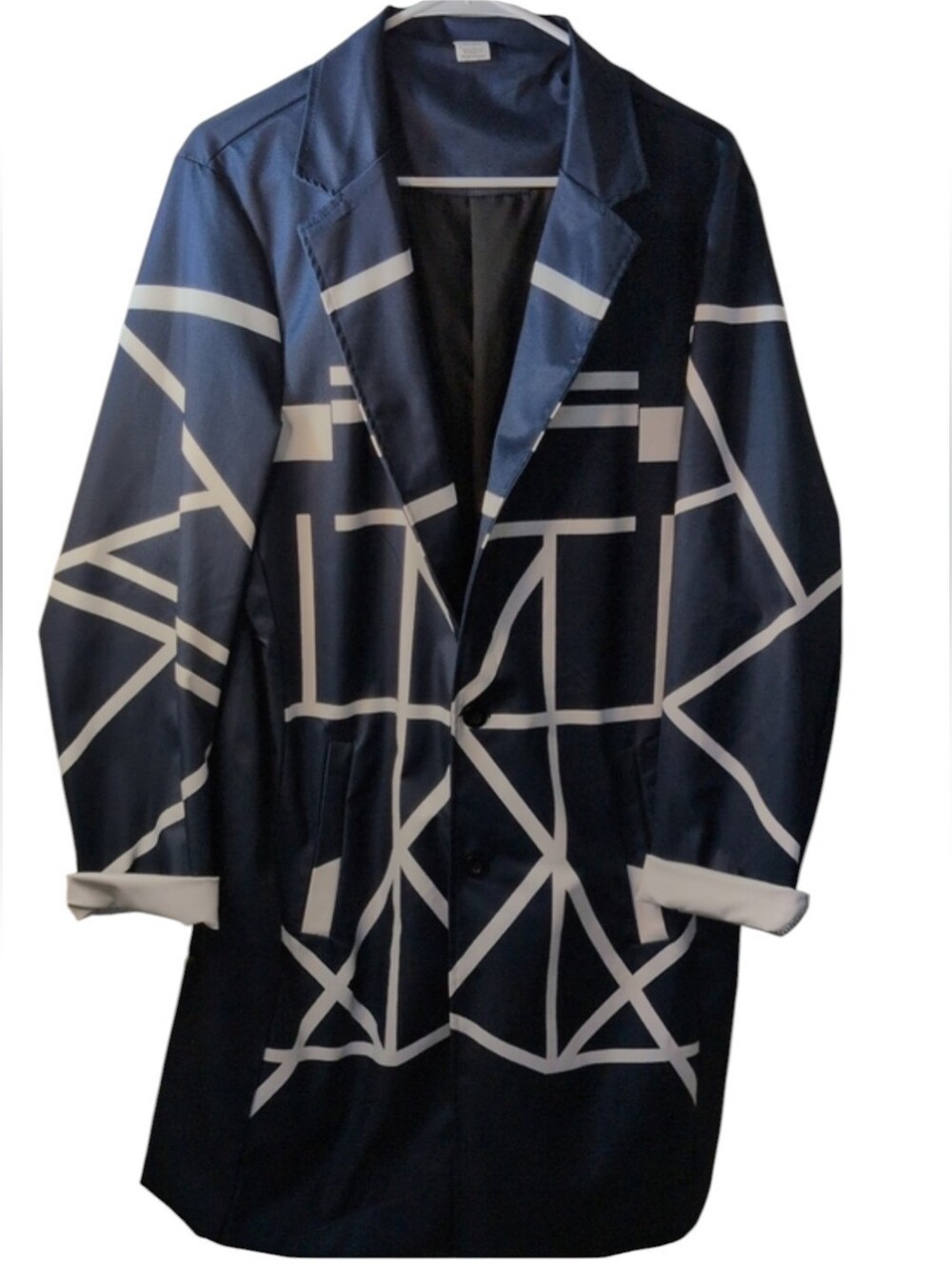 Women's Navy Blue Geometric Pattern Overcoat. Front Pockets. Size XXL